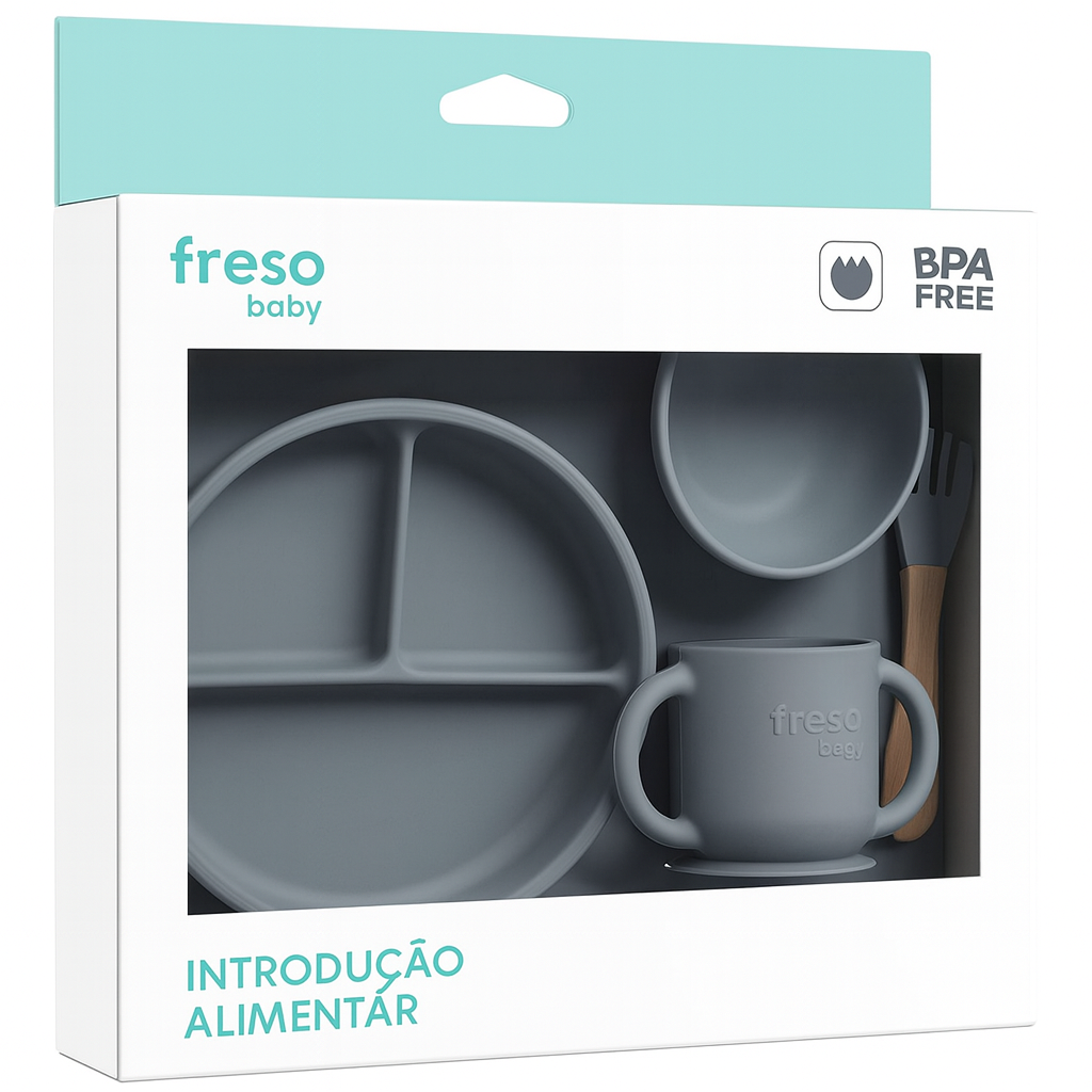 Freso Baby Kit Alimentação De Bebê Silicone Atóxico Livre Bpa Introdução Alimentar Blw Tigela Prato Ventosa Talher Infantil Fácil De Limpar Cor Cinza.