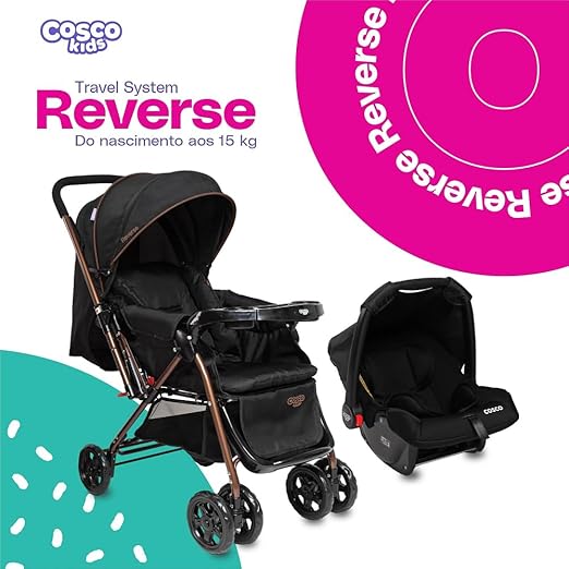 Travel System Cosco Kids, Reverse Duo, 0 a 15kg, Preto Bronze.