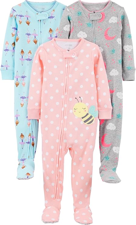 Simple Joys by Carter's Pacote com 3 pijamas de algodão com pés de ajuste confortável para meninas